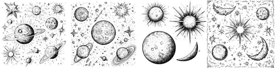 detailed celestial illustrations featuring planets, stars, and moons in a vintage style, showcasing 