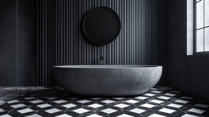 Aufkleber - A chic bathroom showcases a sleek, oval tub set against a backdrop of striking black and white tiles