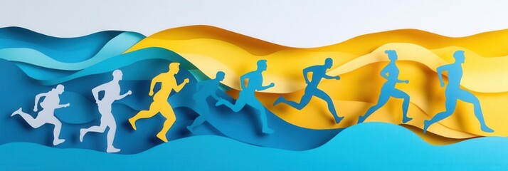 Poster - Dynamic paper cutout illustration showcasing running figures and gym equipment in a vibrant sports themed design for energetic movement