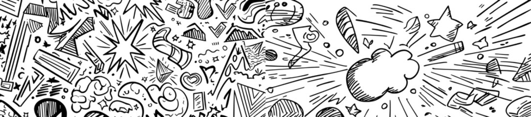 Poster - Hand-drawn explosion lines of confetti, sun bursts, and decorative effects create a surprise element, with doodle lines that sparkle and shine with rays
