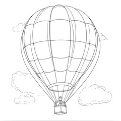 A digital coloring book page presents a line art drawing outline illustration of a hot air balloon