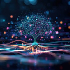 Poster - A tree with holographic branches representing the interconnected world.