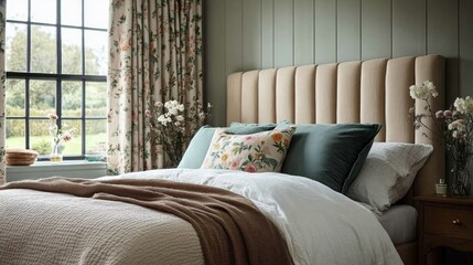 Poster - This inviting bedroom features soft alpine oat curtains, a plush headboard, and a neatly made bed. Natural light floods the space, showcasing delicate floral decor and a peaceful garden outside