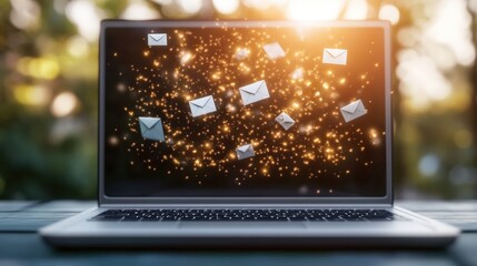 Poster - A modern laptop with emails dramatically flying out of it representing fast-paced digital communication and connectivity