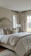 Poster - This serene bedroom features plush bedding and elegant oatmeal curtains, offering a peaceful retreat. Soft light filters through the windows, enhancing the cozy atmosphere