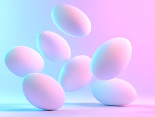 Poster - Levitating white eggs with soft shadows against a vibrant pink and blue gradient background minimalist concept
