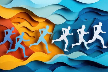 Poster - Dynamic paper cutout illustration showcasing energetic running figures and gym equipment in vibrant colors emphasizing sports and fitness movement
