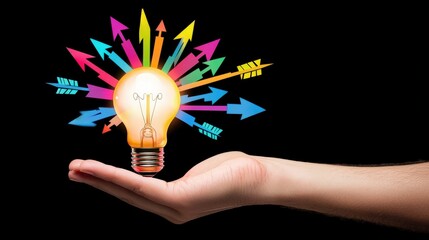 Poster - A hand cradling a radiant lightbulb amidst vibrant arrows symbolizing innovation and ideas