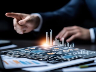 Poster - A person pointing at a tablet displaying a graph while hovering a hand above a glowing laptop