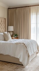 Poster - A beautifully designed bedroom exudes tranquility with Alpine Oat curtains gently filtering sunlight, complemented by plush bedding and a cozy atmosphere, perfect for restful moments
