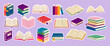 © MariiaMart - A stickers collection of books with different colors and sizes. The books are open and some are stacked on top of each other. Concept of knowledge and learning, as well as the importance of reading