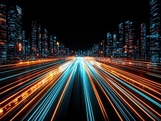 Poster - Vibrant city at night with light trails creating a dynamic and energetic atmosphere for life