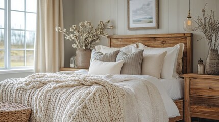 Poster - A serene bedroom exudes warmth with its cozy Alpine oat bedding, wooden furniture, and gentle natural light streaming through large windows, creating an inviting retreat