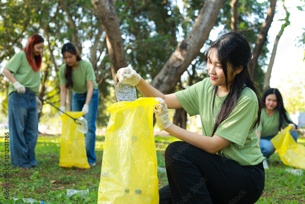 Yellow Csr Asian female volunteer team helps society by collecting plastic waste ...