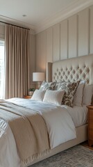 Poster - A beautifully designed bedroom exudes tranquility, featuring soft oat curtains gracefully framing a bright window. The plush bedding invites relaxation, enhanced by tasteful decor