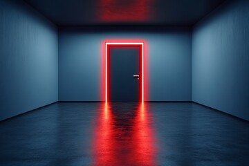 Poster - Red neon light frame surrounds a gray door in a dark room, reflecting on the floor. Minimalist, mysterious atmosphere.