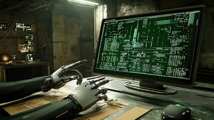 Poster - A sleek AI robotic hand manipulating a virtual display of data streams and cyber intelligence