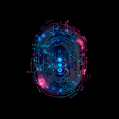 Fototapete - Futuristic glowing digital fingerprint biometric identification technology background  Abstract neon circuit board pattern with cyberpunk style digital fingerprint symbol  Concept of AI