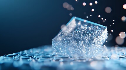 Poster - Frozen ice cube with water drops and bokeh effects on dark blue background, macro photography capturing crystalline structure and liquid reflection.