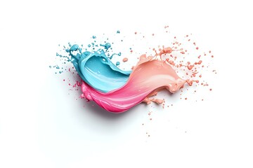 Poster - Abstract fluid splash in pink and blue colors with dynamic motion effect and paint drops on white isolated background, suitable for cosmetic advertising.