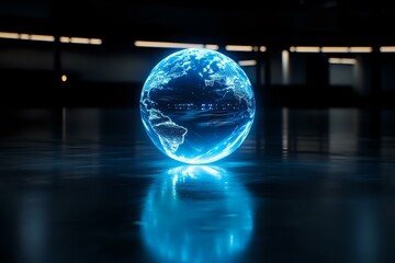 Poster - Glowing blue holographic Earth globe floating in dark space with reflection on glossy surface, futuristic technology visualization concept.
