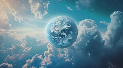 Wall Mural - Cinematic shot of planet earth globe clouds and space background: A cinematic view of planet Earth, capturing clouds and the vastness of space in the background, illustrating the beauty 
