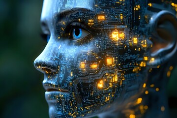 Poster - Futuristic face with glowing circuit patterns and digital transformation effects merging human and technology features in profile view against dark background.