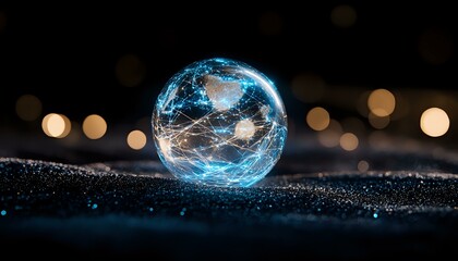 Poster - Glowing blue energy sphere with lightning effects on dark surface against blurred bokeh lights background creates magical atmosphere and futuristic mood.