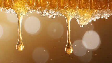Poster - Golden honey drips with crystallized sugar edges against blurred warm background, macro photography showing viscous liquid drops and bokeh light effects.