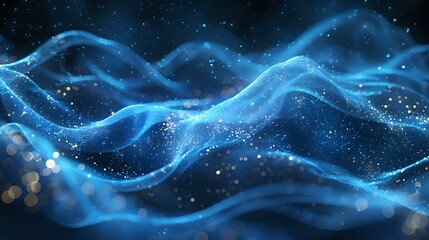 Poster - Glowing blue waves of light and energy flow through dark space with sparkling particles creating magical atmospheric effect against black background.