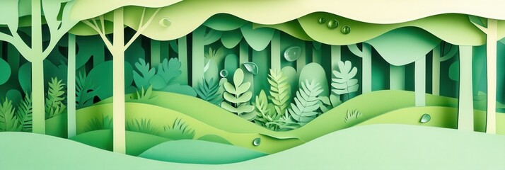 Poster - Vibrant eco friendly design featuring lush green trees, delicate leaves, and fresh water droplets in a layered paper cutout illustration