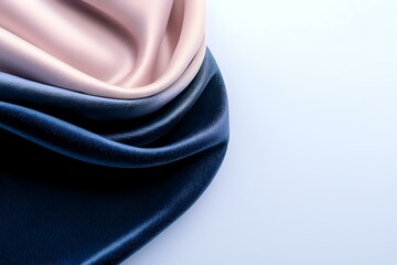Poster - Luxurious silk fabric waves in navy blue and blush pink colors on white background, creating elegant flowing curves and soft folds with dramatic lighting effect.