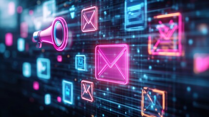 Poster - Abstract pink and blue email icon symbolizing digital communication and connectivity in a modern technological landscape