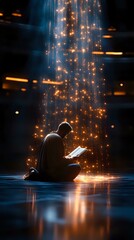 Poster - Silhouetted man reading book under magical light stream with glowing particles and reflections on dark water surface, creating mystical atmosphere.