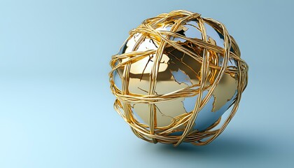 Poster - Golden metallic sphere wrapped in intersecting curved bands on light blue background, modern abstract geometric design for luxury branding and decoration.