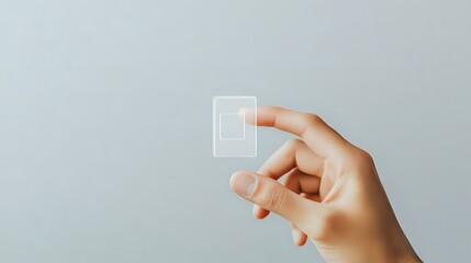 Poster - Female hand holding transparent square glass or acrylic block against light neutral background, demonstrating minimalist design concept and modern technology interface.