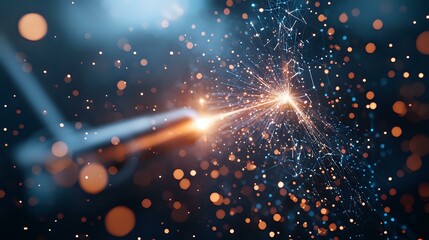 Poster - glowing network connections with bright light burst and orange particles on dark background. abstrac