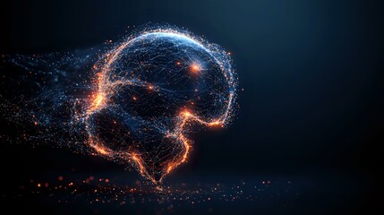 Poster - Glowing orange and blue particle network forming human head profile against dark background, digital neural connections illustrating artificial intelligence concept.