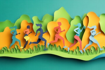 Aufkleber - Dynamic paper cutout illustration showcasing energetic figures engaged in running and fitness activities in a vibrant outdoor environment