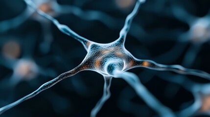 Poster - Microscopic view of neuron cell with synaptic connections on dark background showing neural network activity and brain cell communication in medical science.
