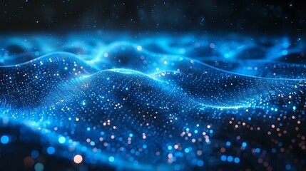 Aufkleber - Glowing blue waves of digital particles flow across dark background creating futuristic network visualization with bokeh light effects and sparkles.
