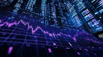 Poster - Data charts and server room, showing stock market analysis. High-tech display