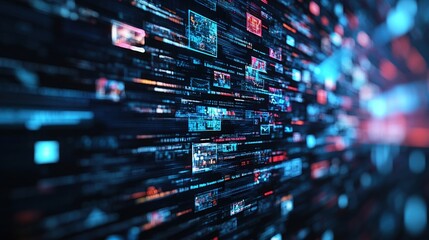 Poster - Wall of video screens displaying dynamic content creating a high-tech environment for entertainment and information