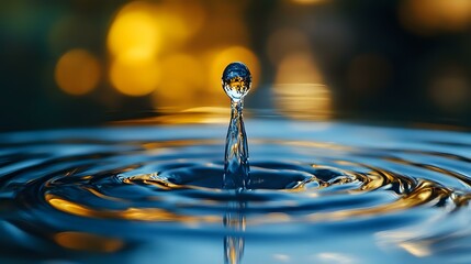 Poster - Mesmerizing water drop splash captured at peak moment with golden bokeh background creating concentric ripples on blue water surface. Perfect for wellness concepts.
