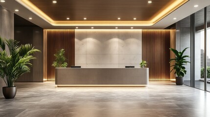 Poster - A spacious reception area showcases modern design elements, with polished surfaces, warm lighting, and vibrant plants. The minimalist decor emphasizes sophistication and comfort