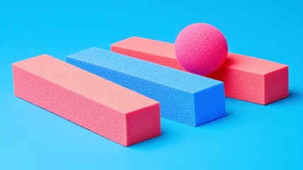 Poster - abstract composition featuring textured pink and blue rectangular blocks and a pink sphere against a