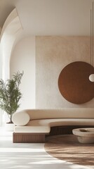 Poster - A tranquil living area showcases a curved sofa in soft beige, complemented by a warm-toned round wall art piece. Natural light filters through the window, enhancing the minimalist decor