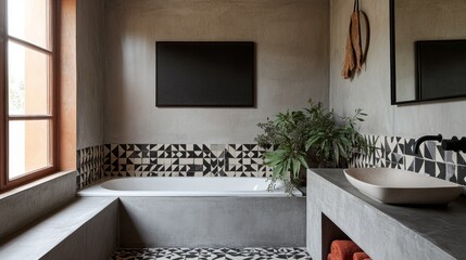 Poster - Stylish black and white bathroom blends form and function, featuring a sleek bathtub, geometric tiles, and vibrant green plants that enhance tranquility and aesthetics
