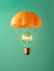 Aufkleber - A light bulb suspended by a parachute against a teal background, symbolizing creativity and innovation.