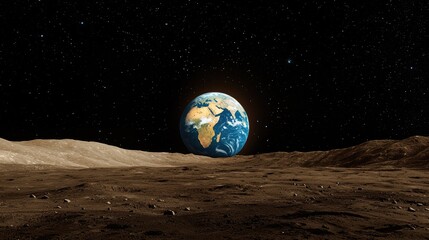 Poster - A stunning space image of Earth blue sphere with the Moon visible in the distance, bathed in starlight